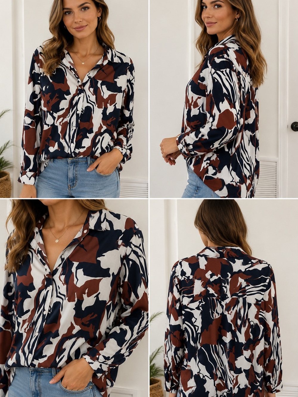 Chico's Navy, Brown & White Abstract Button-Down Shirt